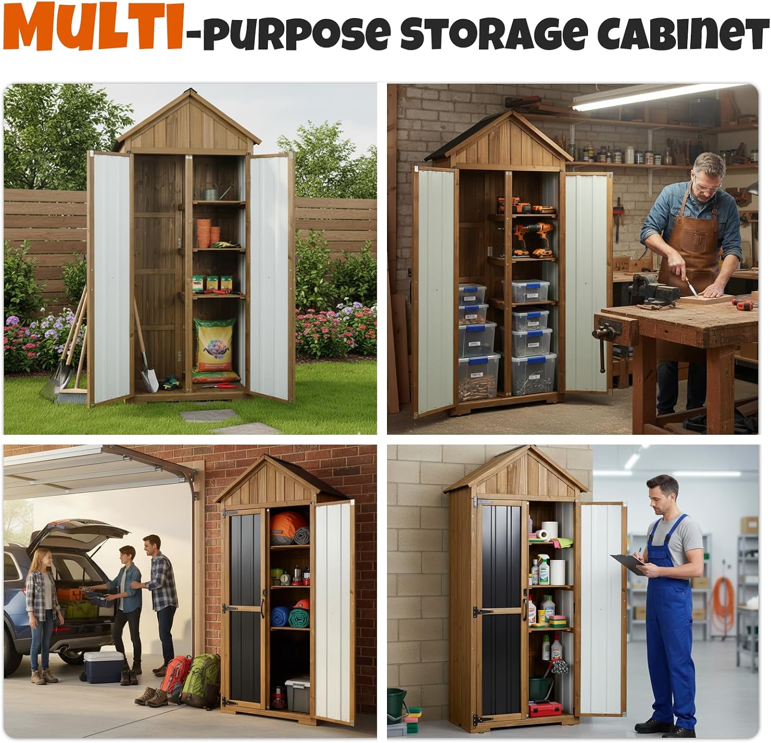 Outdoor Storage Cabinet with Shelves, Wood & Metal Storage Shed with Weatherproof Roof, 3 Removable Shelves, Double Lockable Doors, Adjustable Feet, Outside Storage Cabinet for Garage,Backyard, Patio