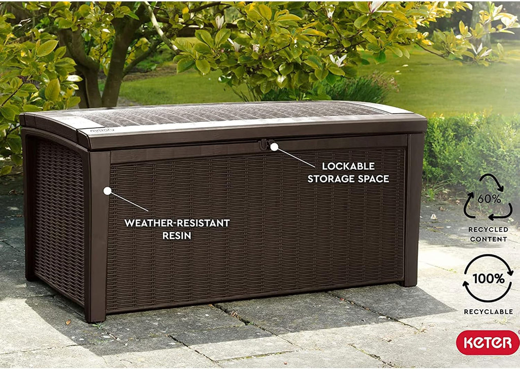 Keter 2-Pack Borneo 110 Gallon Deck Box Organizer, Doubles as 2-Person Bench Seat, Brown – Large Resin Outdoor Storage and Seating with Lockable Lid for Garden, Pool, and Patio