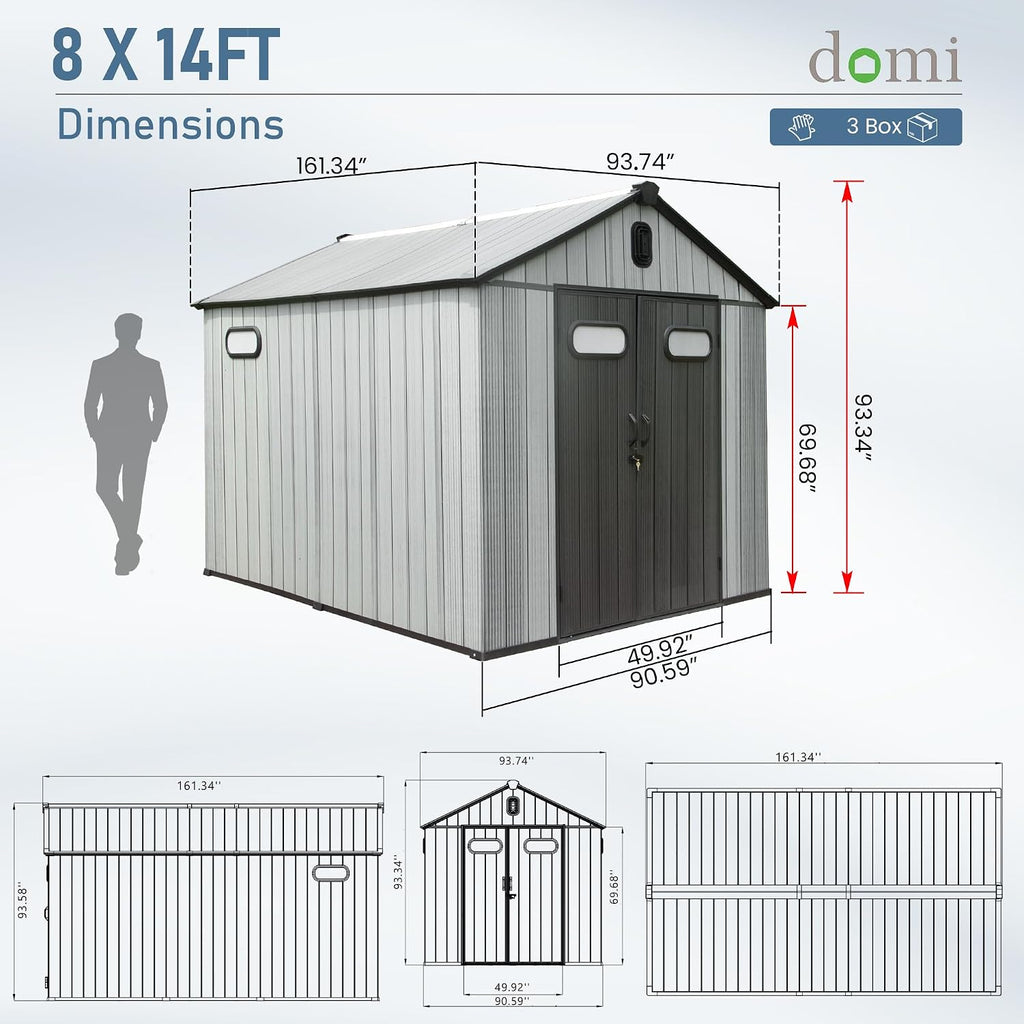 Domi 8x14 FT Outdoor Resin Storage Shed, All-Weather Double-Wall Storage Building with Lockable Doors and Ventilated Roof, Ideal for Lawn Tools, Bikes, Mowers, and Pool Equipment, Grey