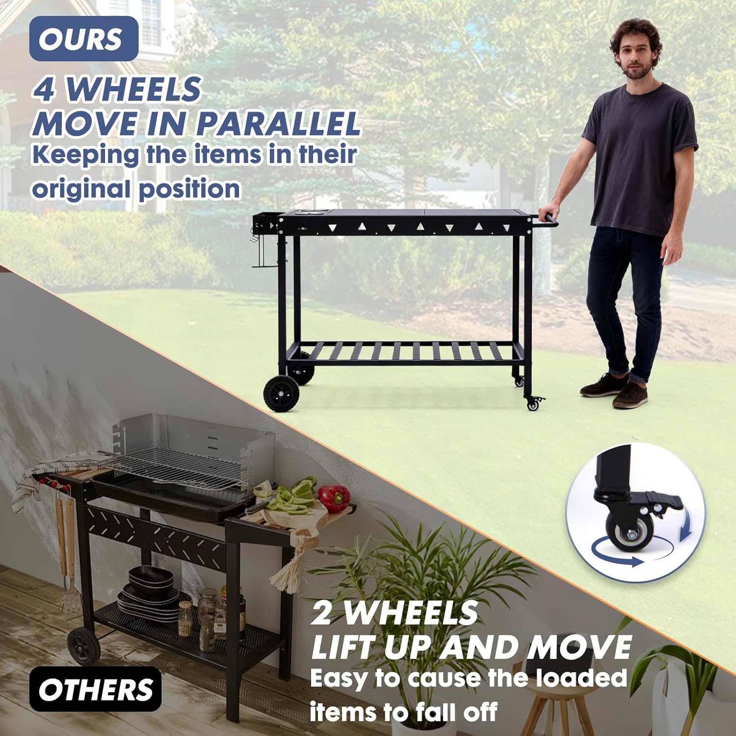 Portable Outdoor Grill Table with Wheels, Heavy-Duty Griddle Stand Grill Cart with Shelves,Towel Holder, Spice Pots & Bottle Opener, Multi-Functional BBQ Prep Station & Utility Cart