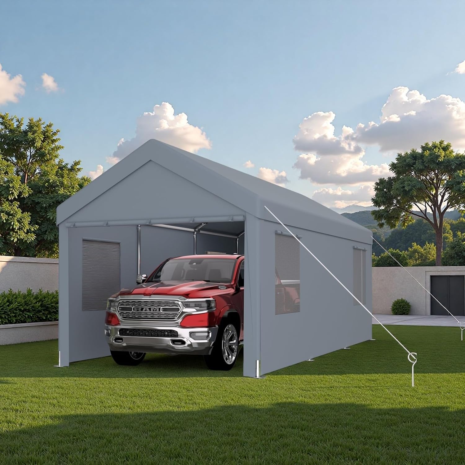 12x20FT Canopy, Outdoor Portable Garage with 2 Roll-Up Doors & 4 Ventilated Windows, Patio Camping Heavy Duty Car Port Canopy with PE Cover, Ground Pegs & Steel Cables, Easy Assembly, Grey