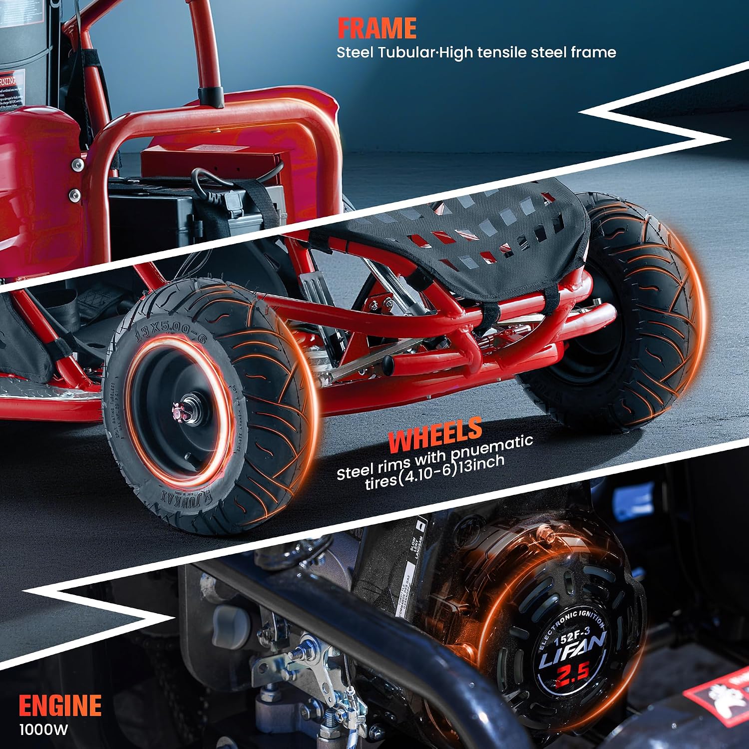 Electric Go Kart, 48V Powered Ride On Car, Steel Tubular Frame, Seat Belt, 13 inch All-Terrain Tires, Parental Speed Control, Max 20 Mph (RED)