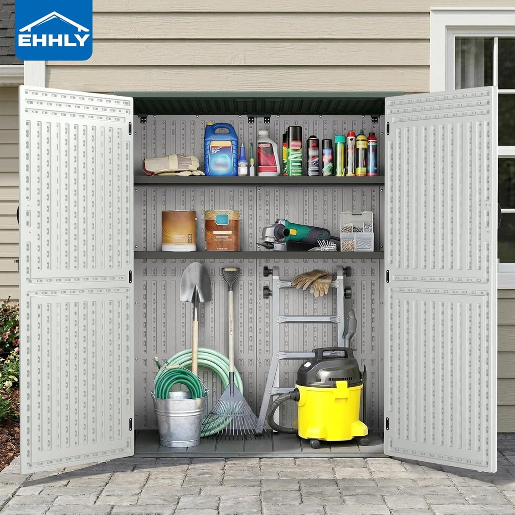 EHHLY Vertical Resin Storage Shed with 2 Shelves, 60 Cuft Garden Tool Sheds & Outdoor Storage, Plastic Outdoor Storage Cabinet Waterproof, 4.5 x 2.3 ft Outside Lawn Mower Storage Shed, Light Grey