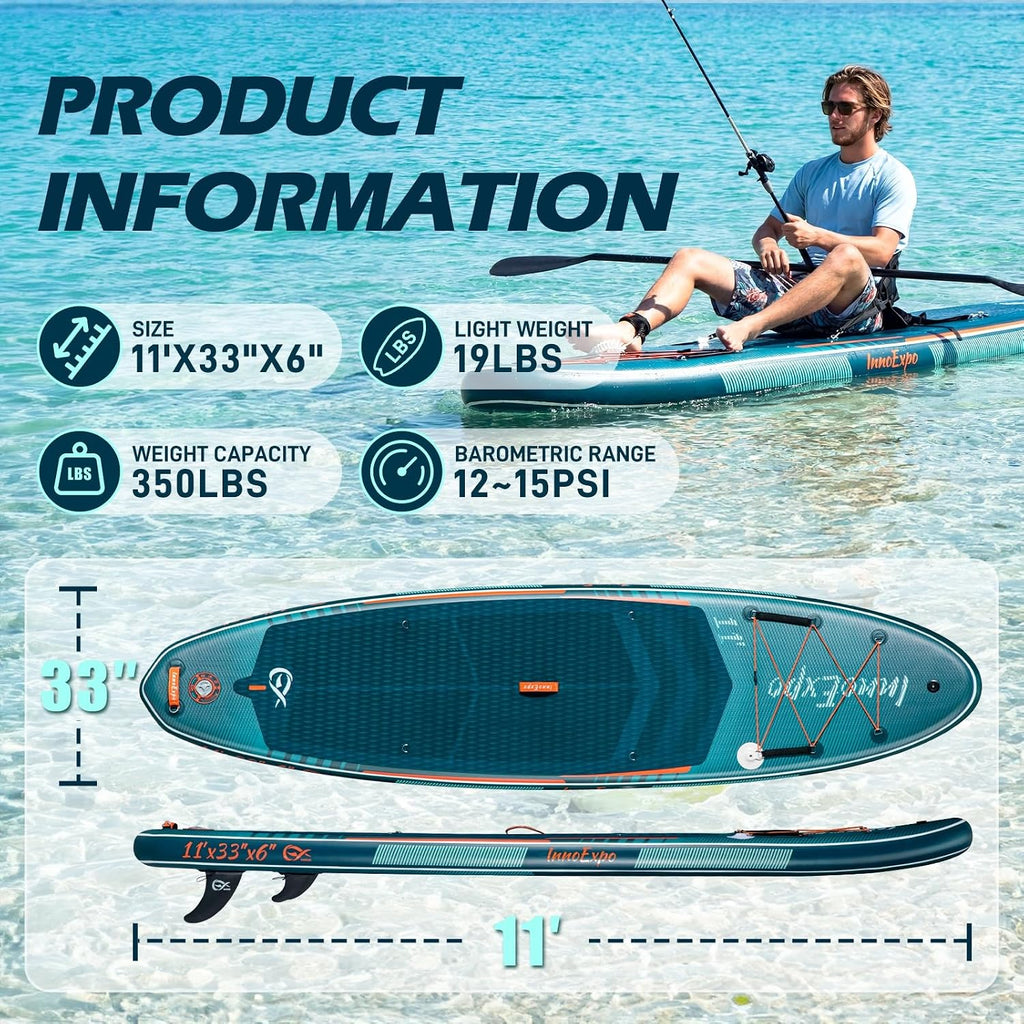 InnoExpo 11' Inflatable Stand Up Paddle Boards with Premium Accessories, Wide Stable SUP Paddle Board Design, Non-Slip Comfort Deck for Youth & Adults