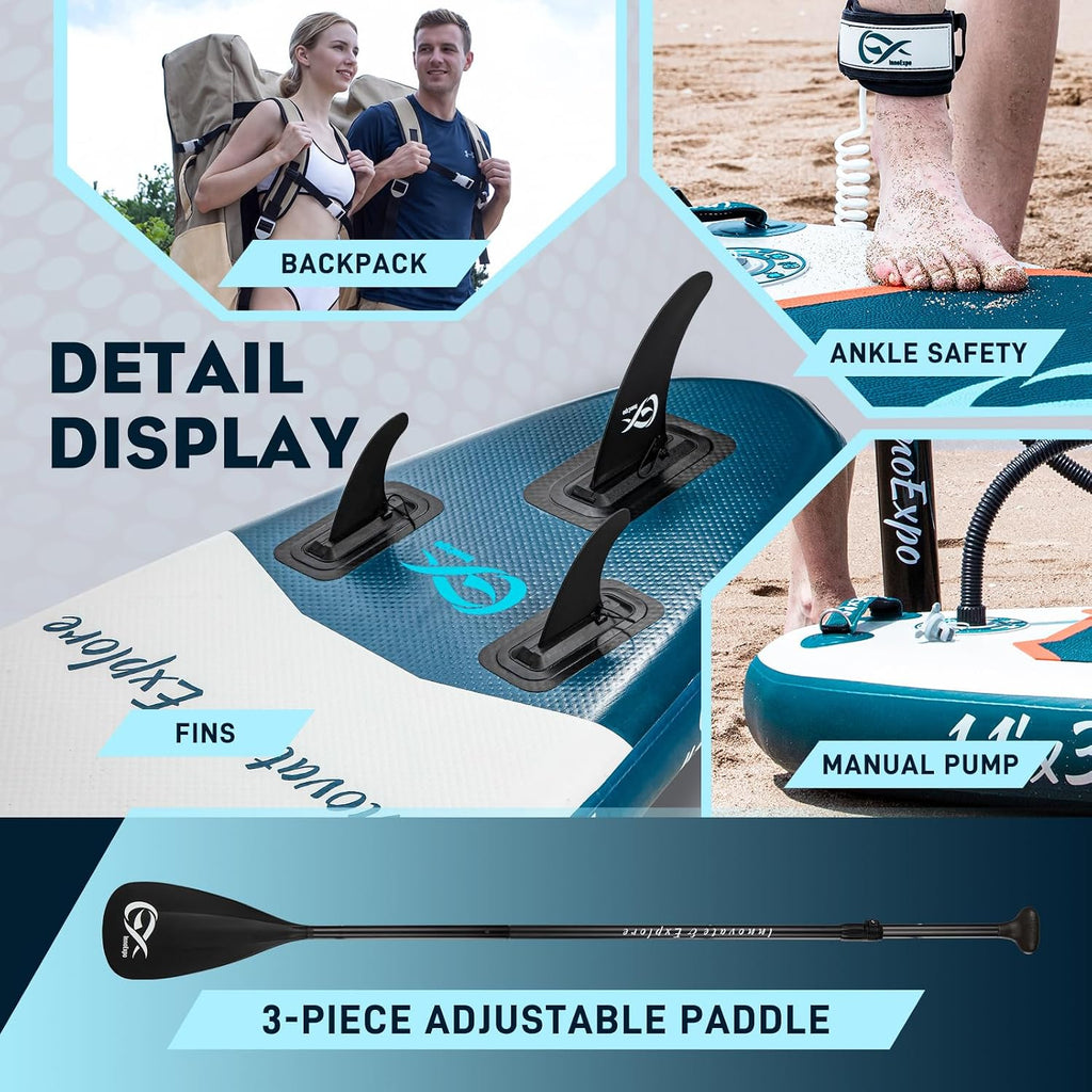 InnoExpo 11' Inflatable Stand Up Paddle Boards with Premium Accessories, Wide Stable SUP Paddle Board Design, Non-Slip Comfort Deck for Youth & Adults