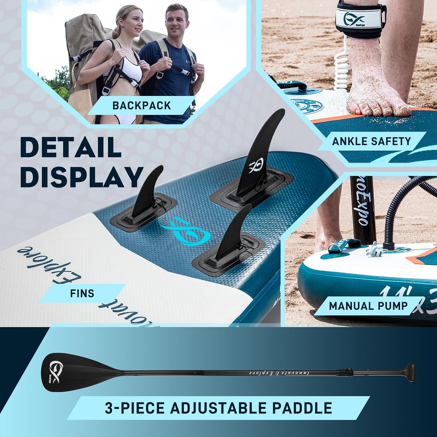 InnoExpo 11' Inflatable Stand Up Paddle Boards with Premium Accessories, Wide Stable SUP Paddle Board Design, Non-Slip Comfort Deck for Youth & Adults