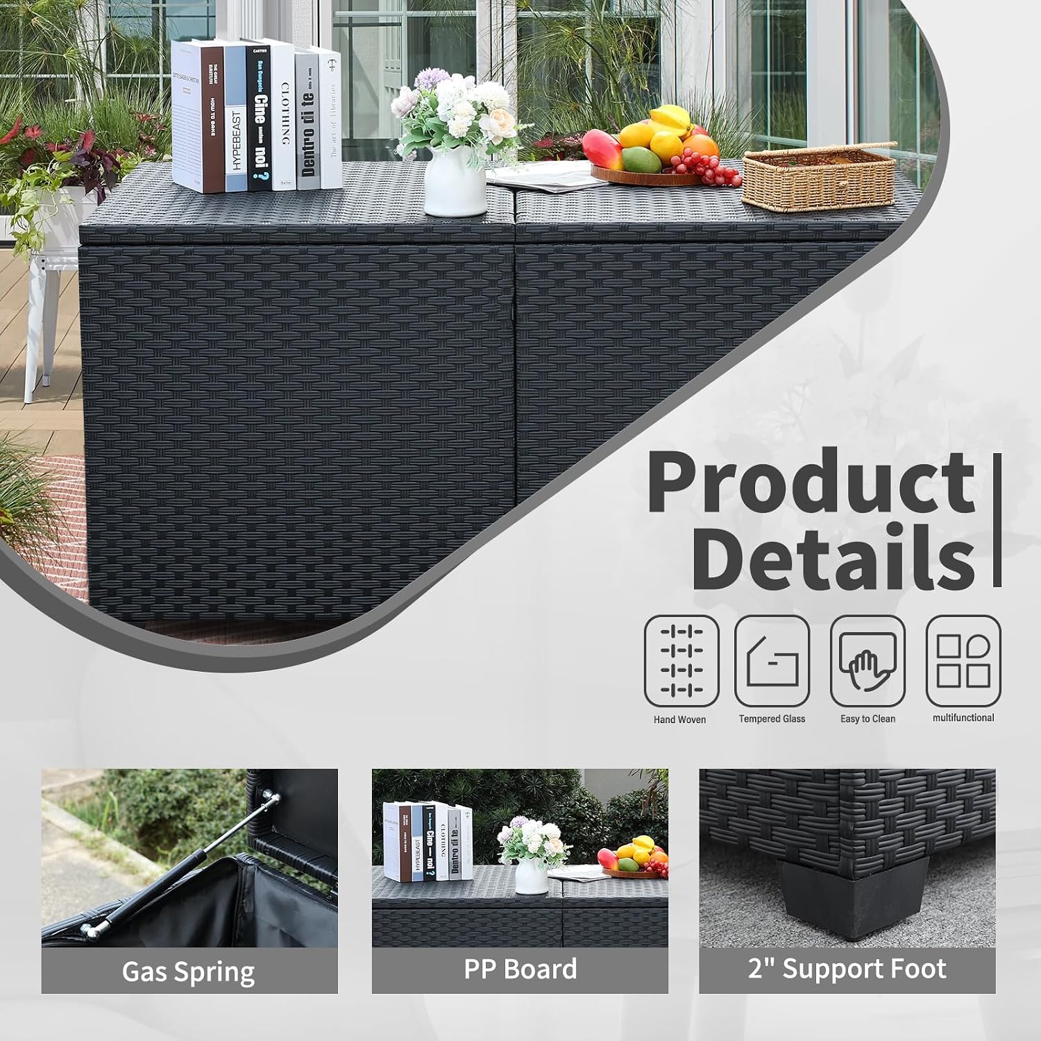 Rattan Star 180 Gallon Outdoor Storage Box Deck Storage Box Cushion Storage Bin Outdoor Large Patio Storage Bin with Waterproof Lining Bag, Black Wicker