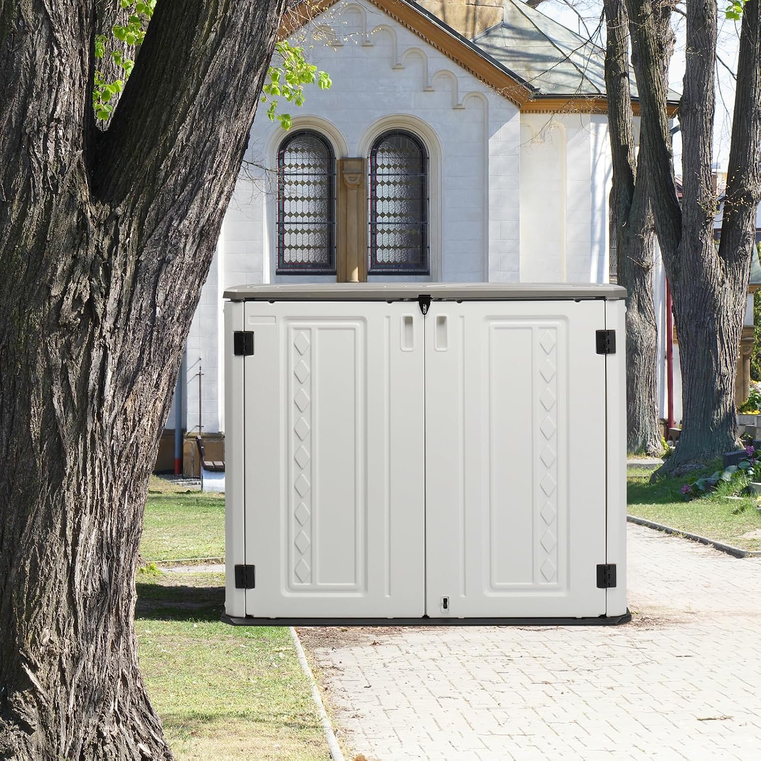 VINGLI Outdoor Horizontal Storage Shed Waterproof with 34 Cubic Feet Storage Space, 50' x 29' x 41' Patio Storage Cabinets for Garbage Cans, Bike, Tools， Deck Box for Yard, Porch, Garden, White