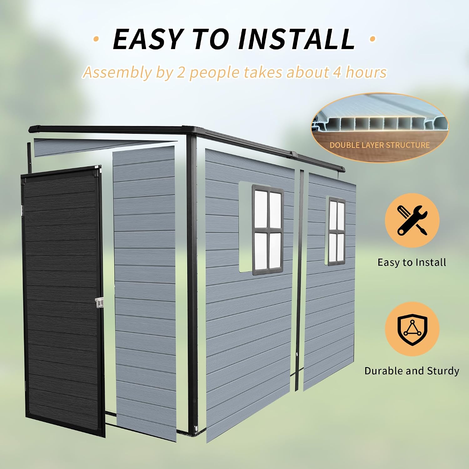 4x8ft Resin Lean to Shed with Floor, Outdoor Storage Shed with 2 Windows, Plastic Shed & Outdoor Storage Clearance for Patio Furniture, Garden Tools Bike Accessories, Beach Chairs, Black+Grey
