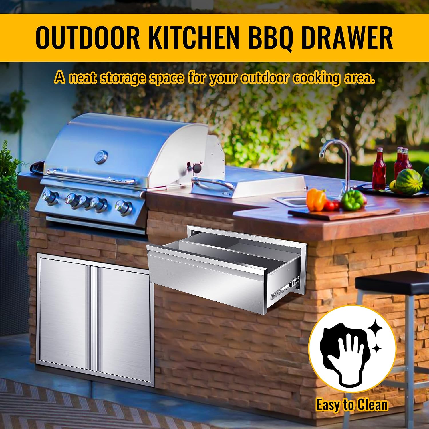 Outdoor Kitchen Drawers, 30W x 10H x 23D Stainless Steel Flush Mount BBQ Single Drawer for Outdoor Kitchen Island, or Patio Grill Station