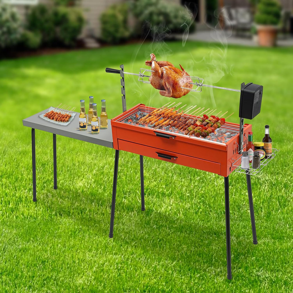 Barbecue Grill, 4W 220V Portable Charcoal Grills Height Adjustable Charcoal BBQ Grill Stainless Steel Chicken Grills Barbecue Tools with Side Table for Grilling Vegetables, Chicken Thighs, Steaks