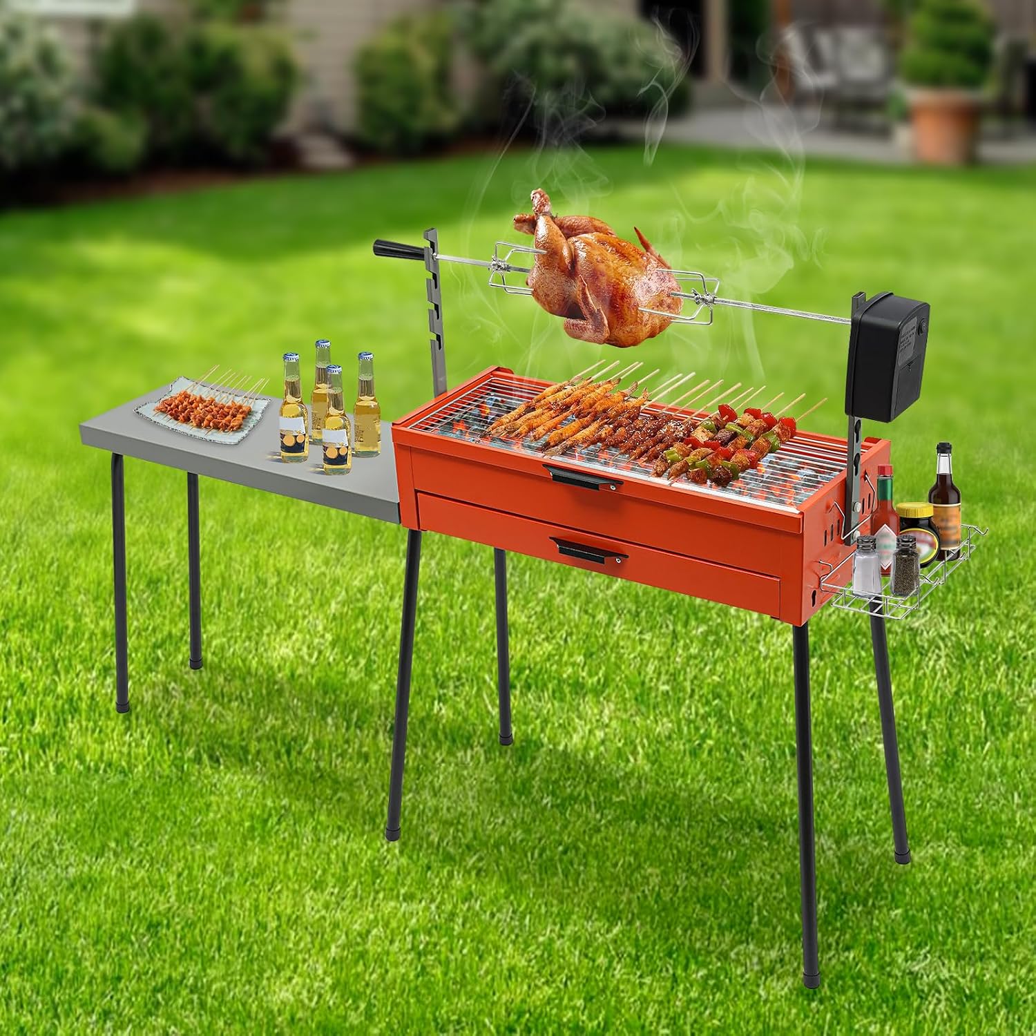 Barbecue Grill, 4W 220V Portable Charcoal Grills Height Adjustable Charcoal BBQ Grill Stainless Steel Chicken Grills Barbecue Tools with Side Table for Grilling Vegetables, Chicken Thighs, Steaks