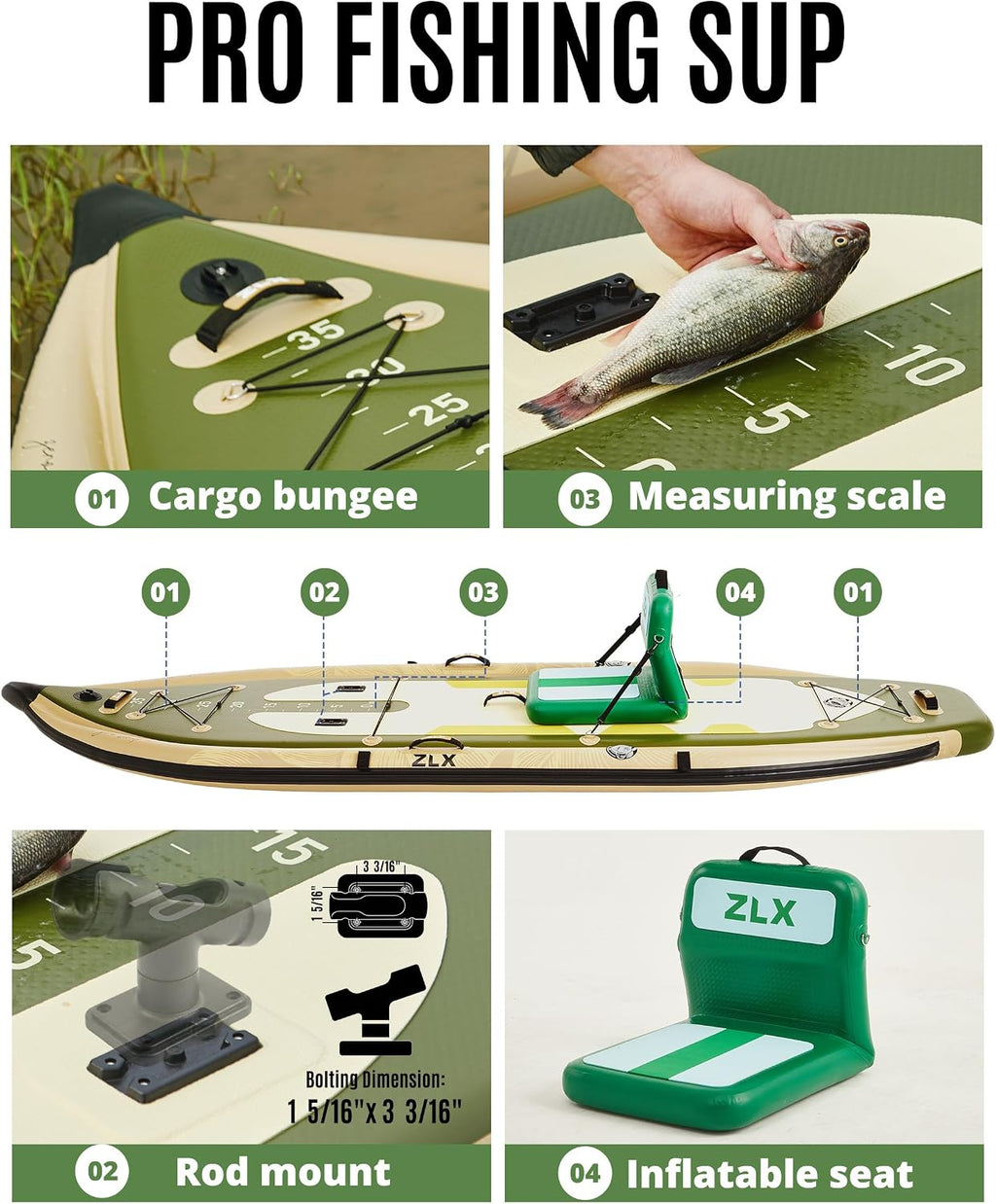 ZLX 11'6''x42'' Extra Wide Inflatable Fishing Paddle Board for Adults- Stable Non-Slip Deck Pad, Dual Reinforced Sides & Quiet Glide, 400lb Capacity SUP, Rod Mount, Camera Mount