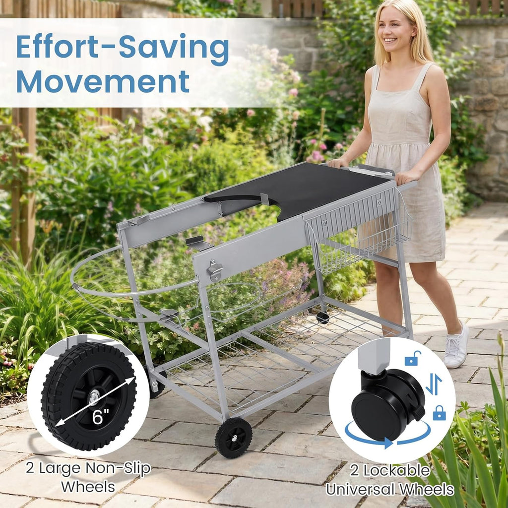 HAPPYGRILL Outdoor Grill Table for 18'& 22' Weber Original Kettle, Movable BBQ Grill Cart w/Wire Rack, Seasoning Rack & Garbage Can, Prep Kitchen Island w/Storage for Backyard Camping Picnic