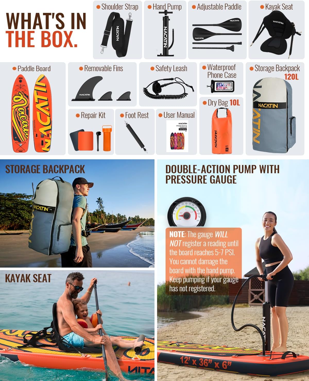 NACATIN 12'/366cm Extra Large Inflatable Stand Up Paddle Board with Seat, Wide 36'/91cm SUP Board for Adults & Family, with Single/Double Paddle, Kayak Seat, Pump, Stable Wide Deck for Beginners