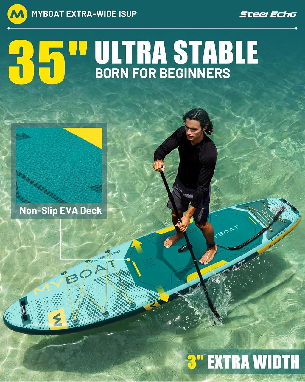 MYBOAT 11'6' Extra Wide Inflatable Paddle Board, 450LB Max Capacity Stable SUP for 2-3 People, Non-Slip Stand Up Board for Beginners & Fishing, Versatile 15 D-Rings, Dual Bungee, 3-Fin Stability