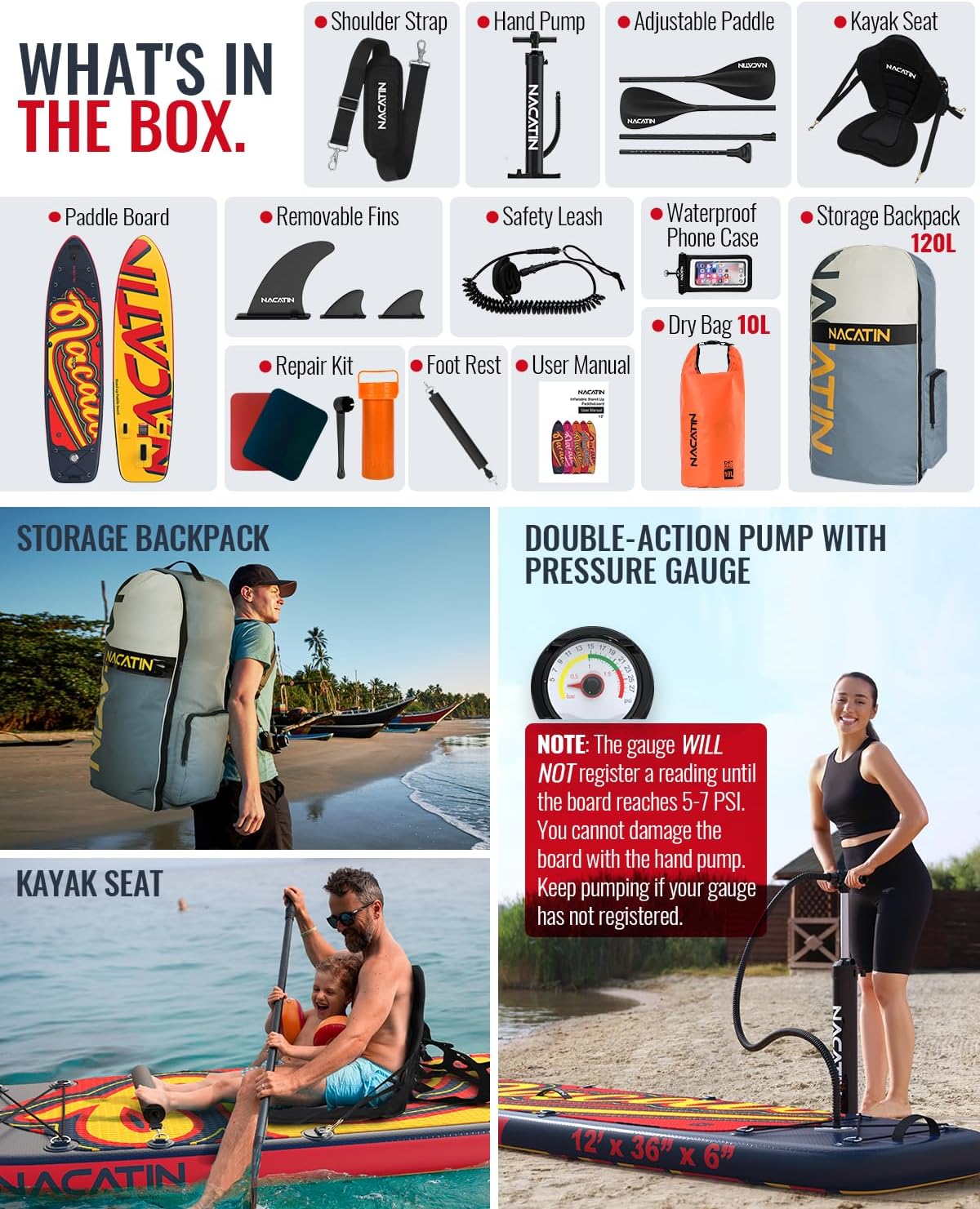 NACATIN 12'/366cm Extra Large Inflatable Stand Up Paddle Board with Seat, Wide 36'/91cm SUP Board for Adults & Family, with Single/Double Paddle, Kayak Seat, Pump, Stable Wide Deck for Beginners