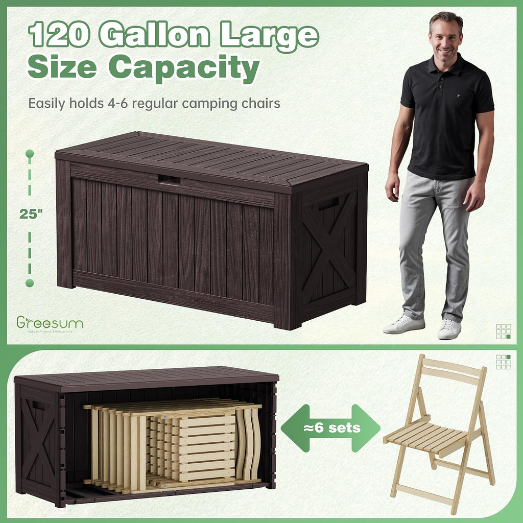 Greesum Outdoor Storage Box 120 Gallon Storage Bin with Lid for Patio Furniture, Garden Tools, Pool Supplies, Lockable, Waterproof and UV Resistant, Dark Brown