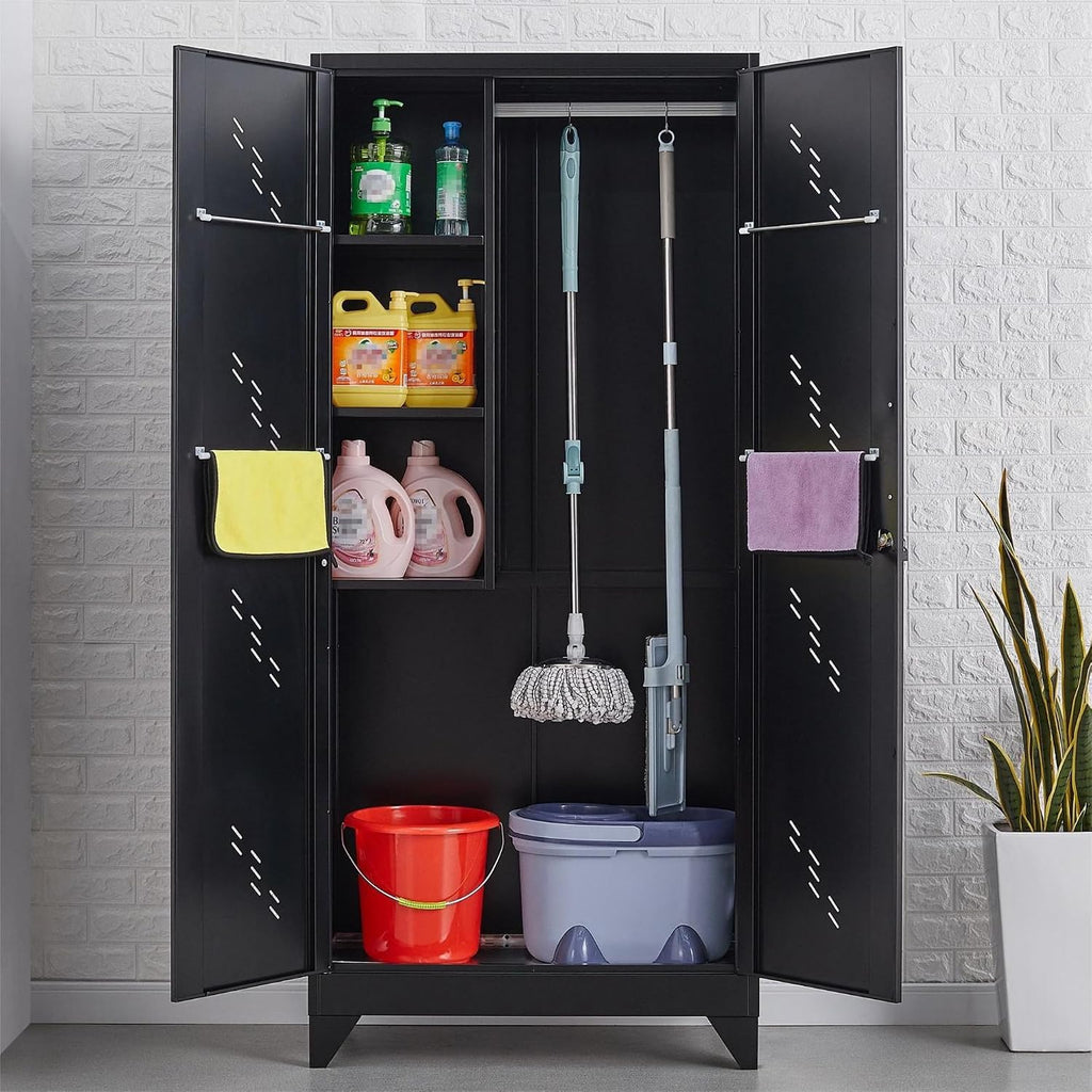 VASAAOSD 75' Metal Storage Cabinet with Lock, Tool Cabinets with Hooks, Heavy-Duty Garage Storage Cabinet for Utility Room, Gym, Basement, Broom Closet, Black