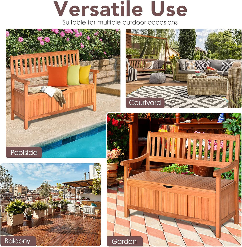 HAPPYGRILL Outdoor Storage Bench Wooden Deck Box with Removable Dustproof Liner, 33 Gal Wood Storage Loveseat Seating Furniture for Courtyard Garden Poolside