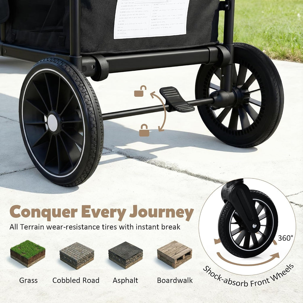 TODEFULL Wagon Stroller for 2 Kids, All-Terrain Stroller Wagon, Foldable Kids Wagon Cart Featuring with Harnesses, Adjustable Double Push Handle, Removable Canopy, Snack Tray, Large Storage Bag, Black