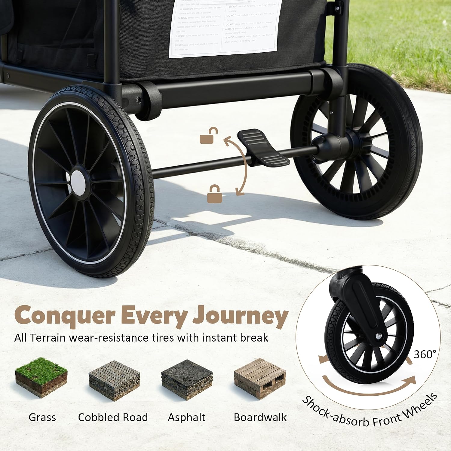 TODEFULL Wagon Stroller for 2 Kids, All-Terrain Stroller Wagon, Foldable Kids Wagon Cart Featuring with Harnesses, Adjustable Double Push Handle, Removable Canopy, Snack Tray, Large Storage Bag, Black
