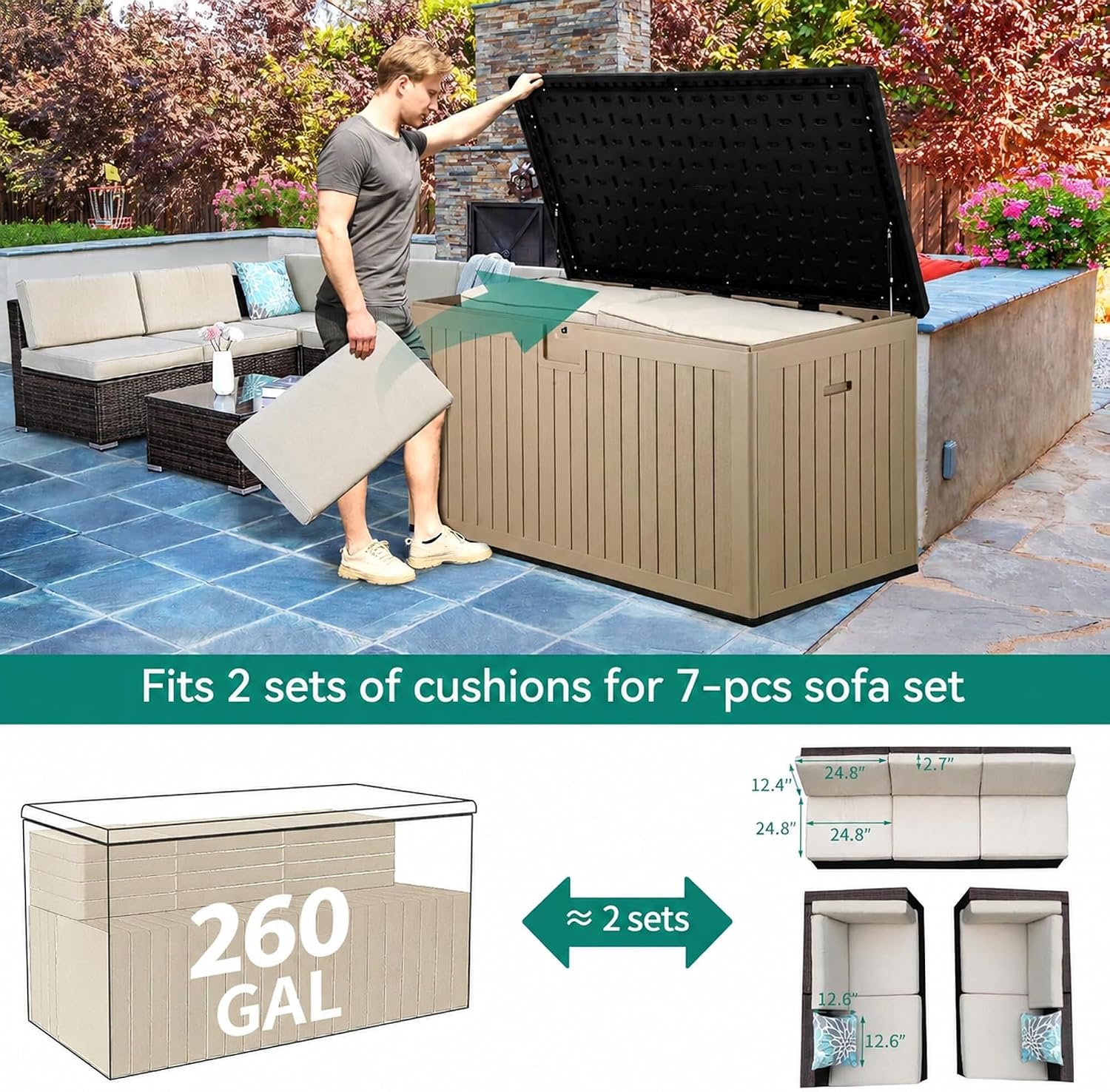 YITAHOME 260 Gallon Large Deck Box with Divider & Side Handles, Outdoor Double-Wall Storage for Patio Furniture Cushions, Garden Pool Accessories, Waterproof & Lockable