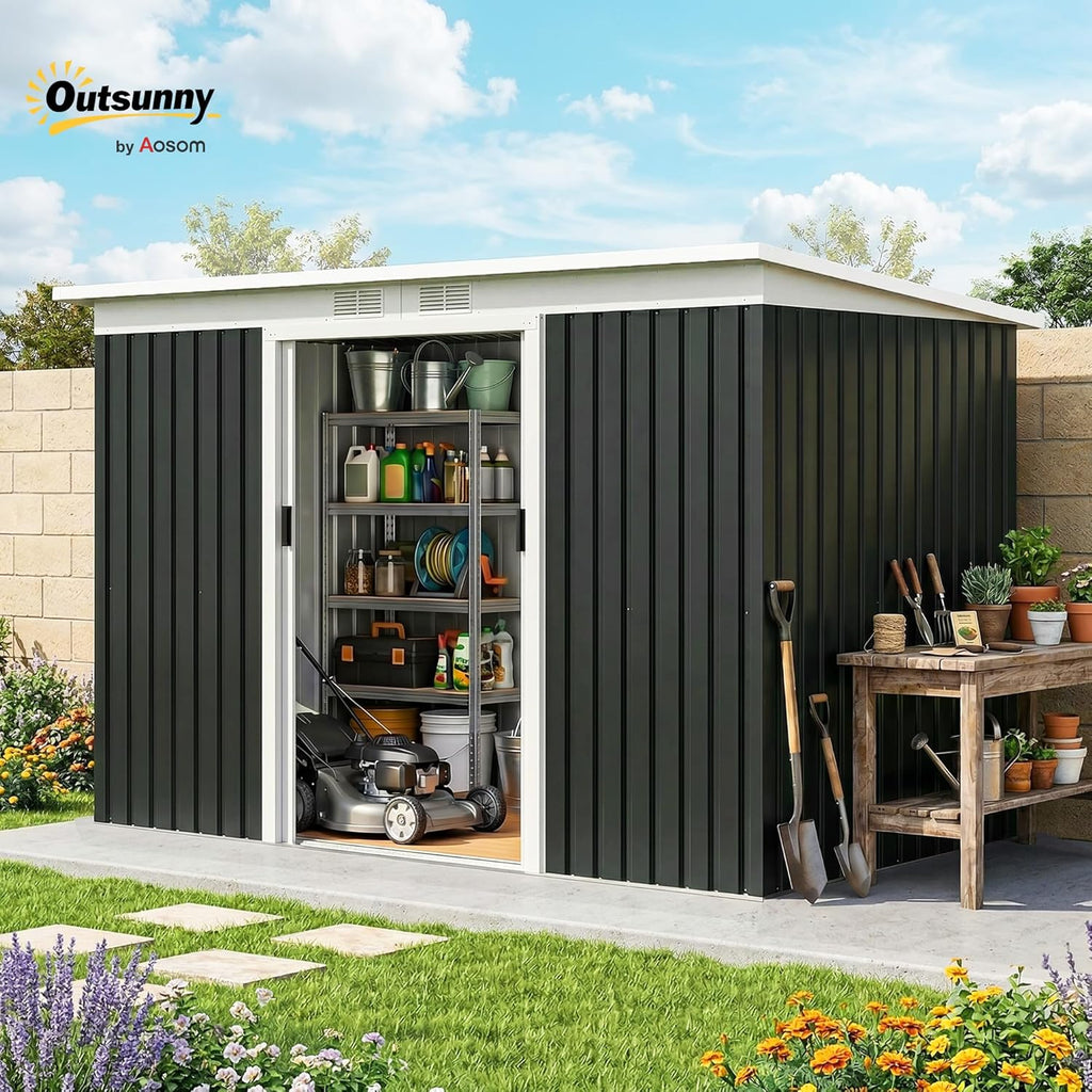 Outsunny 9' x 4' Outdoor Storage Shed, Metal Garden Tool House with Sloping Roof and Lockable Door for Backyard, Bike, Patio, Garage, Lawn, Gray