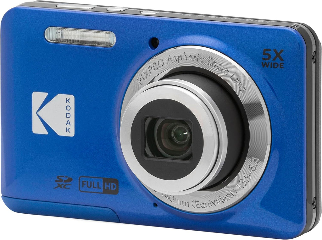 Kodak PIXPRO FZ55 Blue 16MP Digital Camera 5X Optical Zoom 28mm Wide Angle 1080P Full HD Video 2.7' LCD Camera + 64GB Card and Reader + Memory Wallet