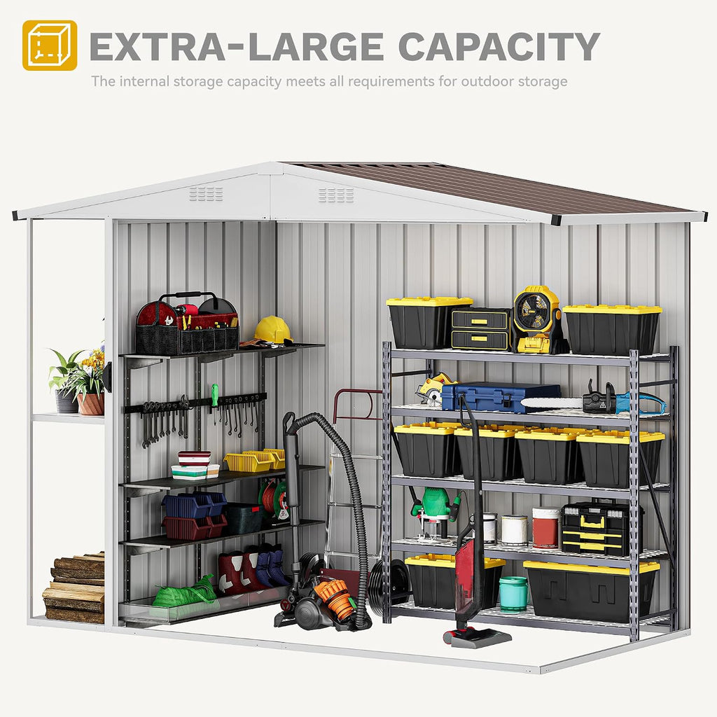 DWVO 8 x 4 ft Outdoor Storage Shed with 2-Tier Shelf, Metal Tool Shed & Garden Storage Cabinet for Backyard, Patio, Equipment & Bike, Brown
