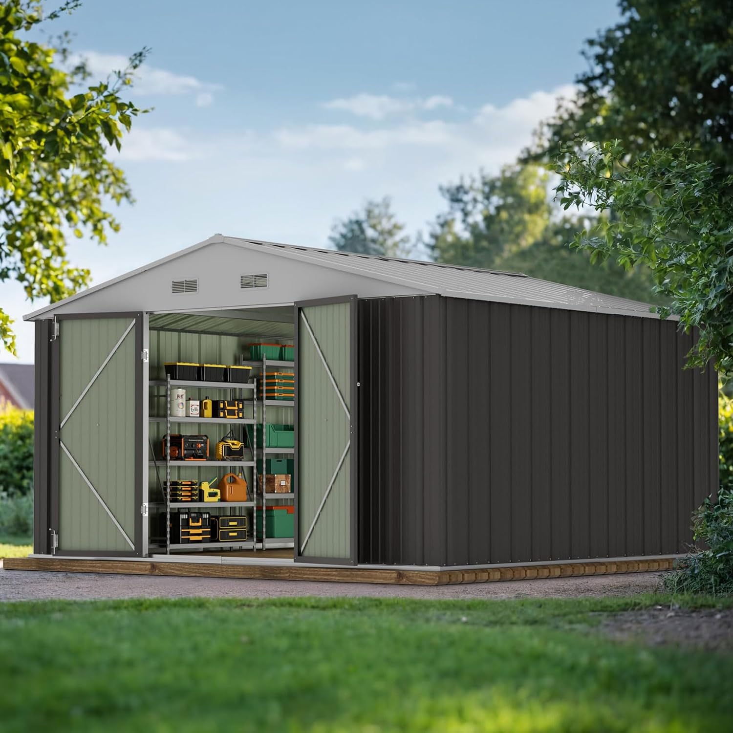 JUMMICO 10 x 10 FT Outdoor Storage Shed, Large Metal Garden Shed (Grey)