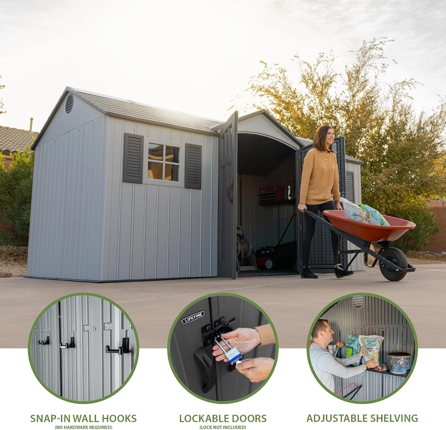 Lifetime Outdoor Storage Shed, 15x8 Ft, Gray, Resin Backyard Tool Shed with Lockable Doors and Weather-Resistant Panels