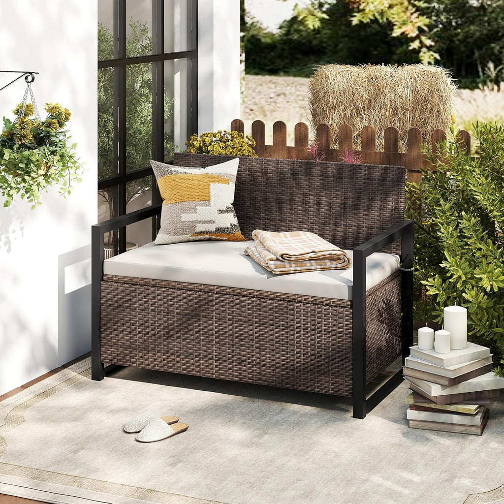 Tangkula 40 Gallon Outdoor Bench with Storage, Patio Wicker Storage Bench with Cushion, Cover, Metal Frame, Deck Box Seat for Backyard, Poolside, Balcony, Garden