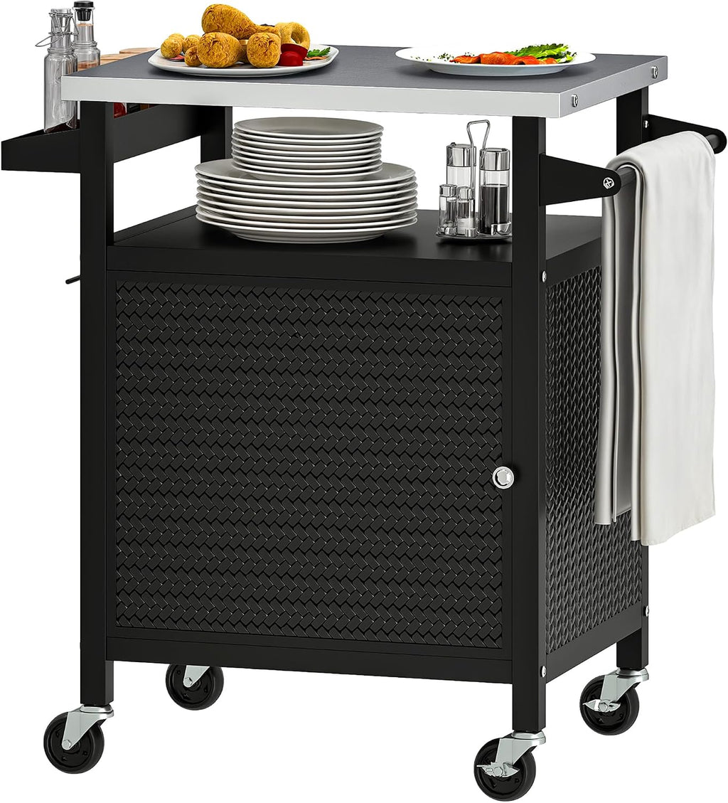 DWVO Outdoor Grill Table,Outdoor Kitchen Island with Stainless Steel Top and Wheels,Grilling Cart for Kitchen Prep,BBQ,Grilling Accessories