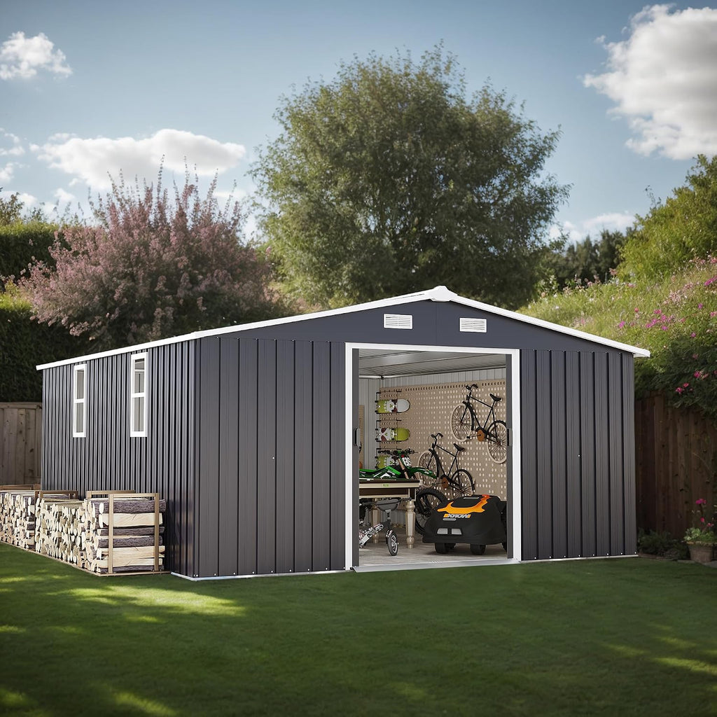 10x12 FT Outdoor Storage Shed, Large Metal Garden Shed with 2 Windows, Outside Tool Sheds with Lockable Sliding Doors, Waterproof Storage Building with 4 Air Vents for Backyard, Patio, Lawn, Dark Gray