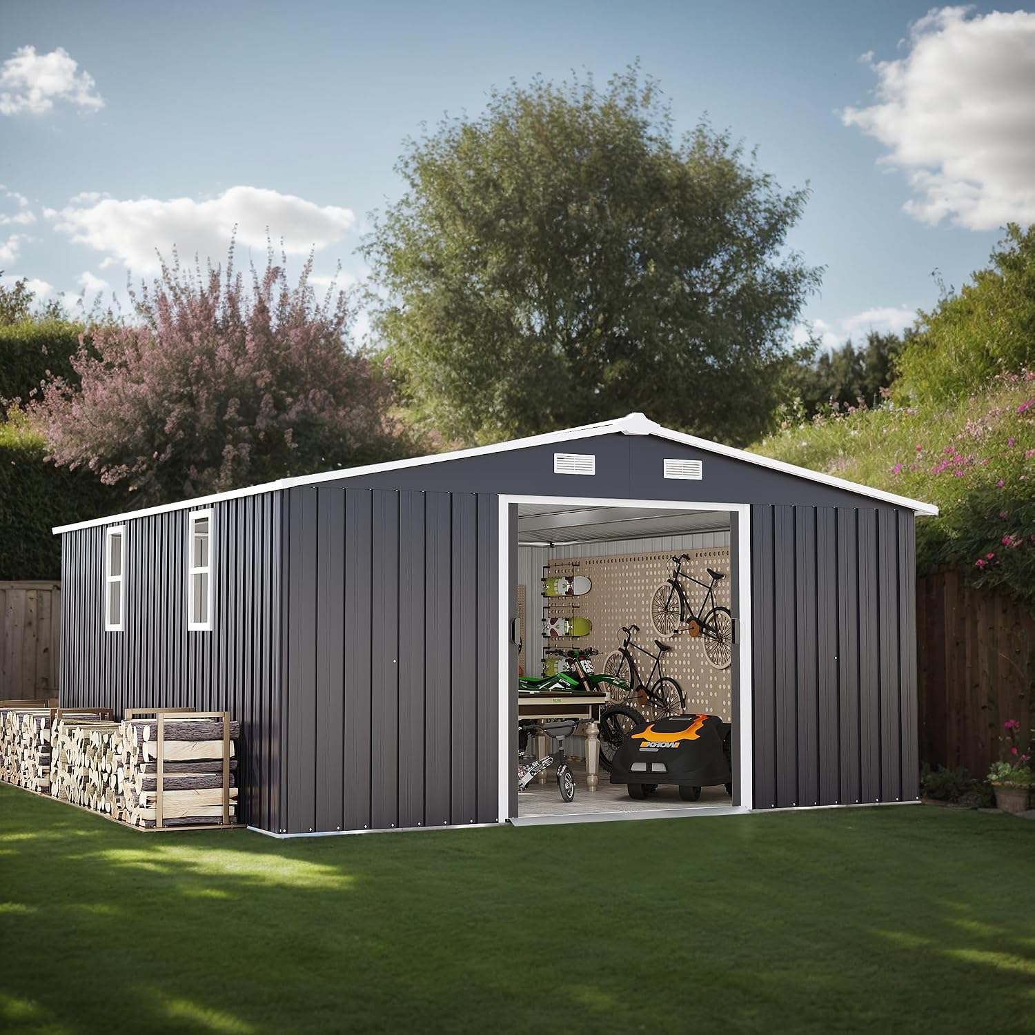 10x12 FT Outdoor Storage Shed, Large Metal Garden Shed with 2 Windows, Outside Tool Sheds with Lockable Sliding Doors, Waterproof Storage Building with 4 Air Vents for Backyard, Patio, Lawn, Dark Gray