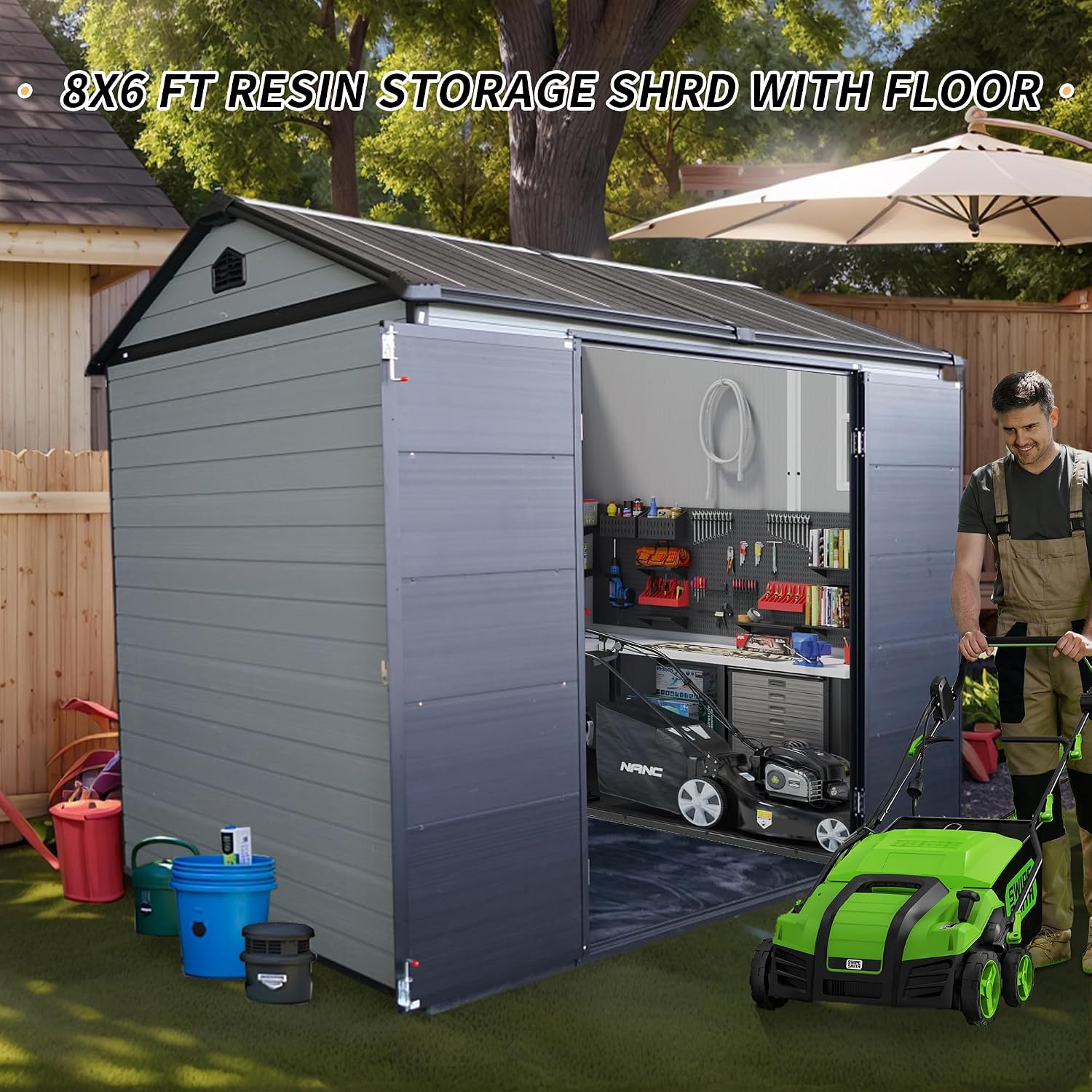 KEIKI 8x6 FT Outdoor Resin Garden Shed with Floor & 2 Windows, Waterproof Tool Storage Shed with Lockable Door for Garden Tools, Bicycles, Trash Cans, Grey+Black