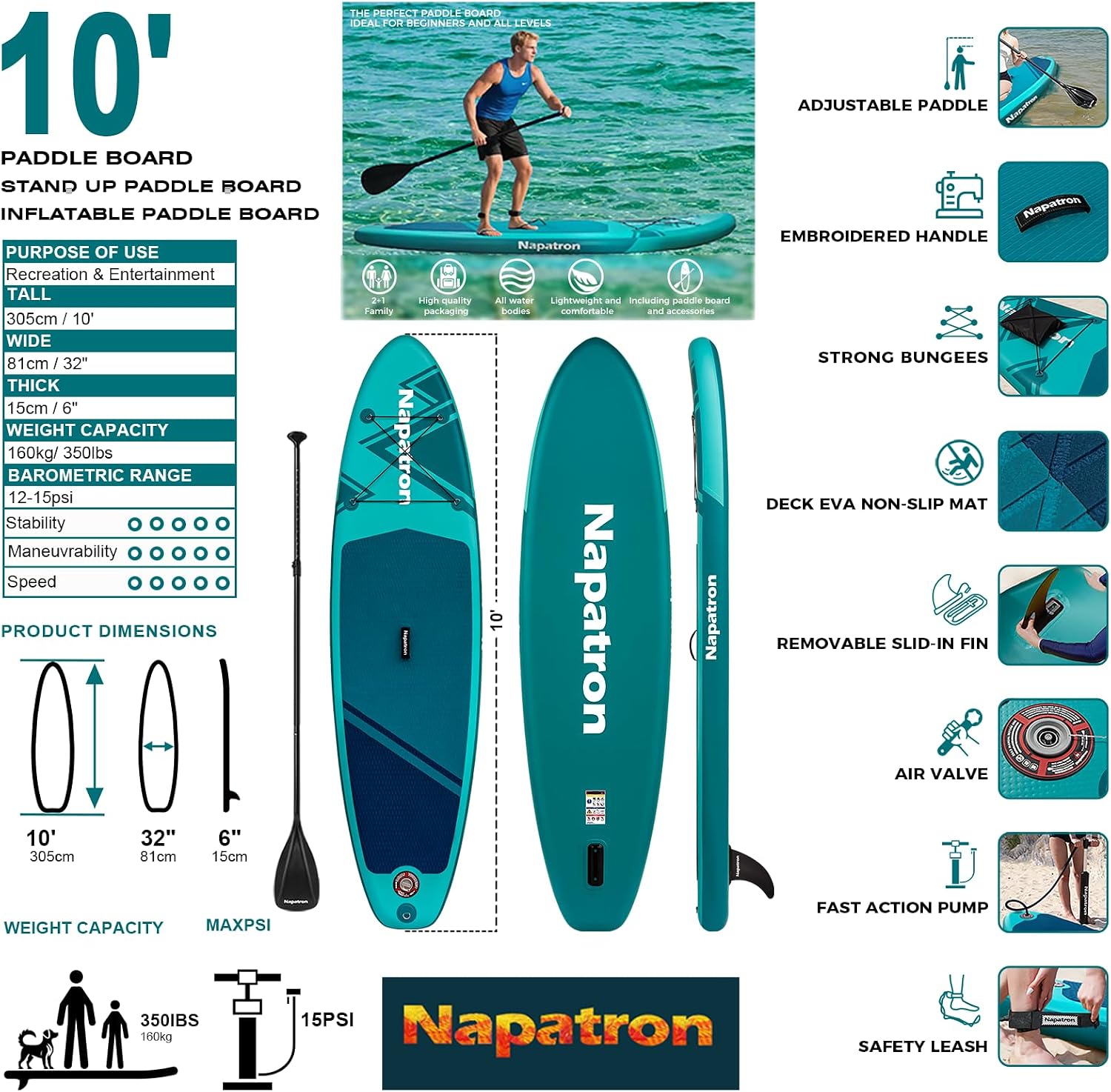 Napatron Family Inflatable Stand Up Paddle Board, Sup,Stable Wide Design,350LBS Capacity,Complete Paddle Board Package with Fast Action Pump,Leash,Ideal for Beginners/Youth & AllSkill Levels