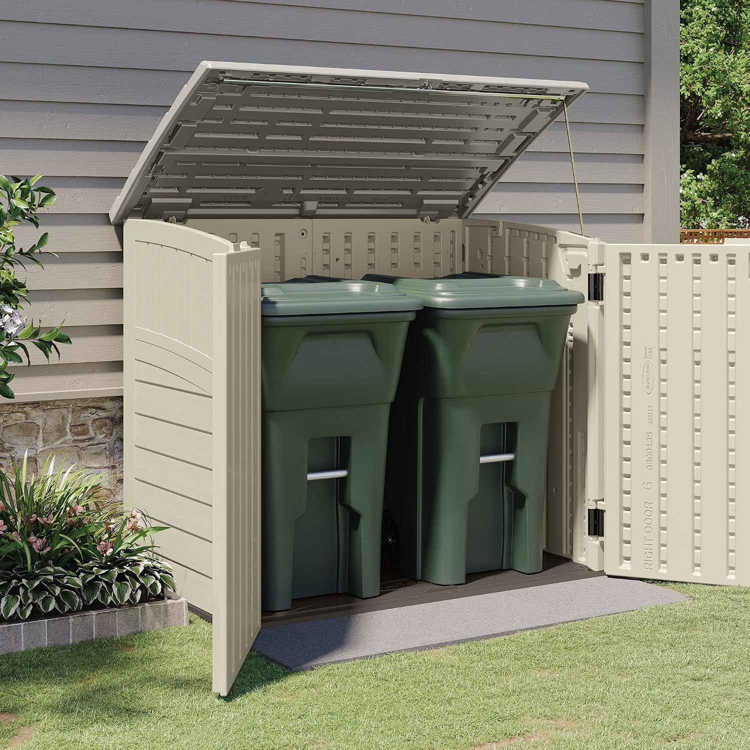 Suncast 2 Pack 34 Cu Ft Capacity Horizontal Outdoor Storage Shed for Garbage Cans, Garden Accessories, Backyard, and Patio Use, Vanilla
