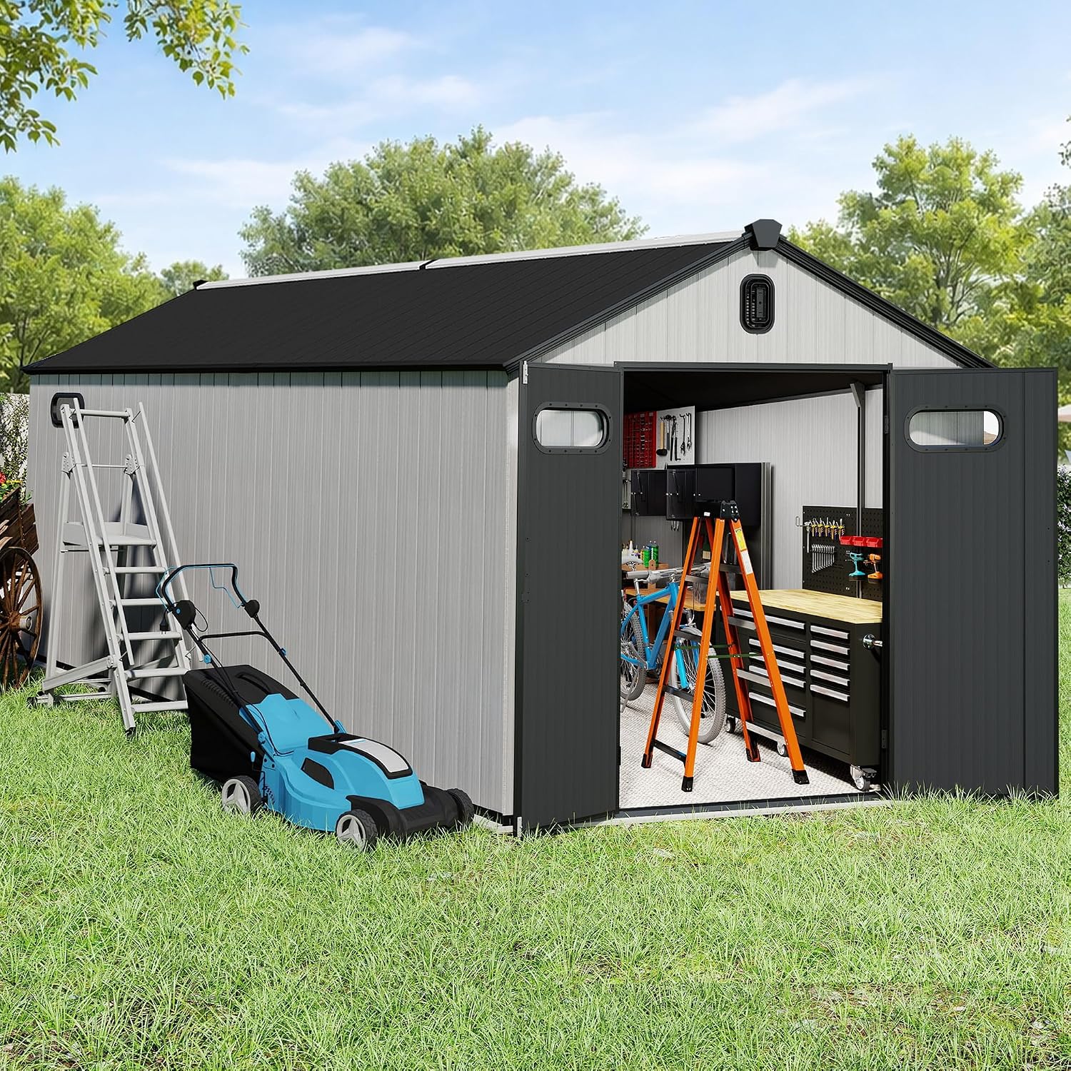 Domi 8x13.5FT Outdoor Resin Storage Shed with Transparent Windows & Louvered Vents, Plastic Tool Shed with Double Lockable Doors & Gable Roof, Outside Garden Shed for Backyard, Patio, Lawn, Grey