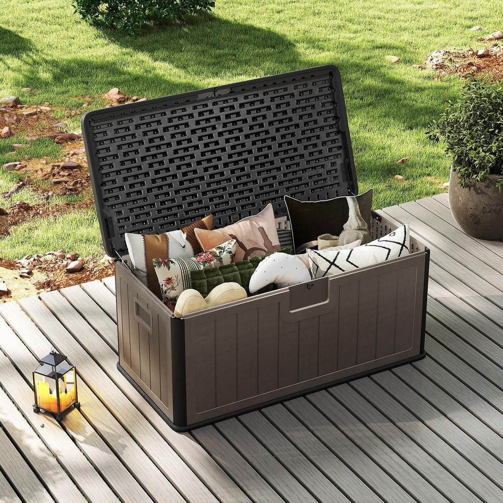 HAPPYGRILL Outdoor Storage Deck Box with Lockable Design & Gas Strut, Handle, 100 Gallon HDPE Patio Storage Organizer for Lawn Backyard Poolside (Black Brown)
