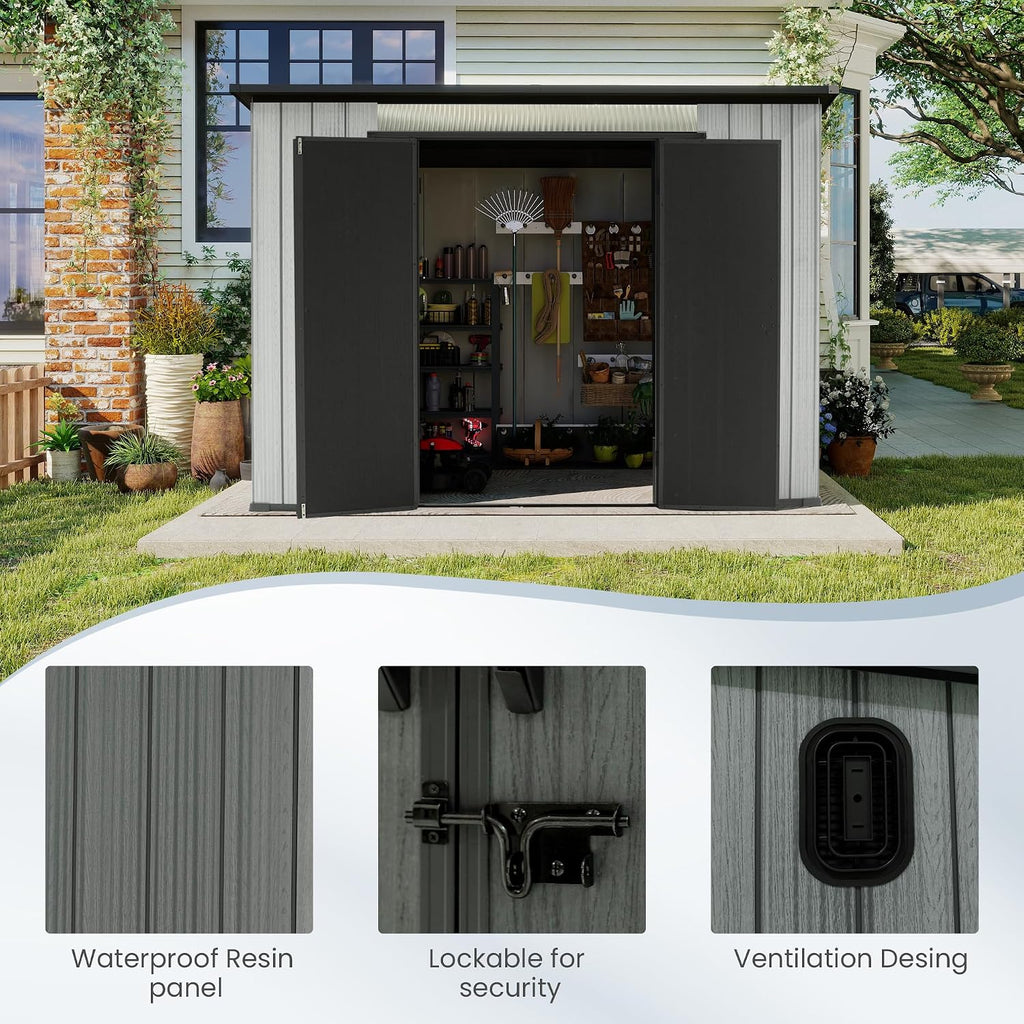Domi 6.2x9.3 FT Outdoor Resin Storage Shed, All-Weather Double-Wall Storage Building with Sloping Roof for Backyard, Garden, Lawn Tools, Mower, Bike & Pool Equipment, Lockable Doors, Ventilated Roof