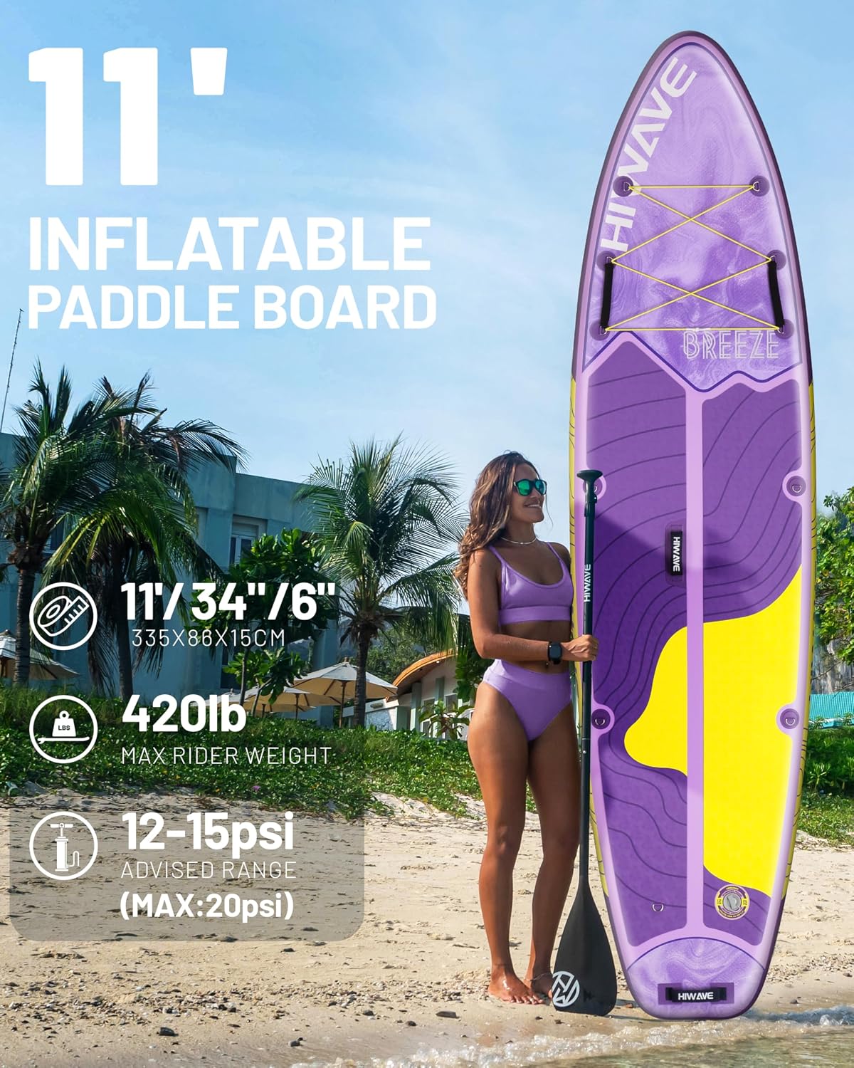 Hiwave Inflatable Stand Up Paddle Board 11'*34'*6' Sup Board, 420lbs Capacity Adult&Youth Paddle Board, Pet Friendly for Ocean&Lake, w/Double Action Hand Pump