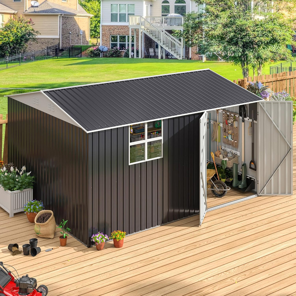AirWire 12x10 FT Outdoor Metal Storage Shed with Window, Heavy-Duty Galvanized Steel Tool Shed with Lockable Doors, Waterproof Garden Shed for Backyard, Patio, Lawn, Black