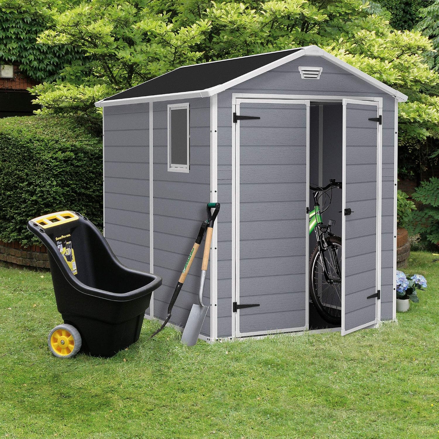 Keter Manor 6x8 Foot All Weather Garden Tool Outdoor Storage Shed with Lockable Double Doors, Fixed Window and Wood-look Resin Walls, Grey