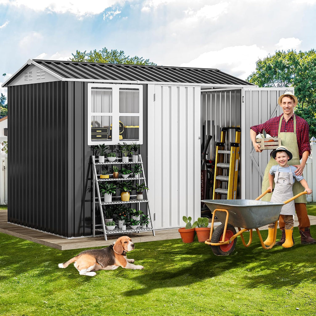 DWVO 8x6ft Metal Outdoor Storage Shed with Window, Lockable Tool Storage Sheds, Oversized Steel Garden Sheds with Sloped Roof for Backyard, Patio, Garage, Lawn, Dark Gray