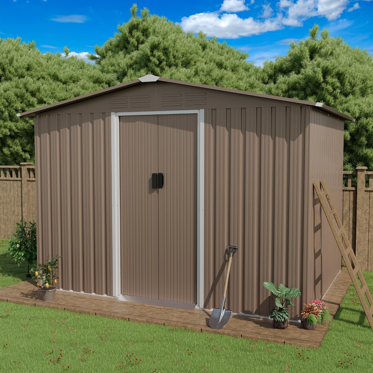 ALAULM 8'x6' Outdoor Storage Shed Outdoor Galvanized Metal Tool Shed with Vents & Sliding Door, Waterproof Garden Shed for Patio,Lawn,Backyard to Store Bikes,Tools-Brown