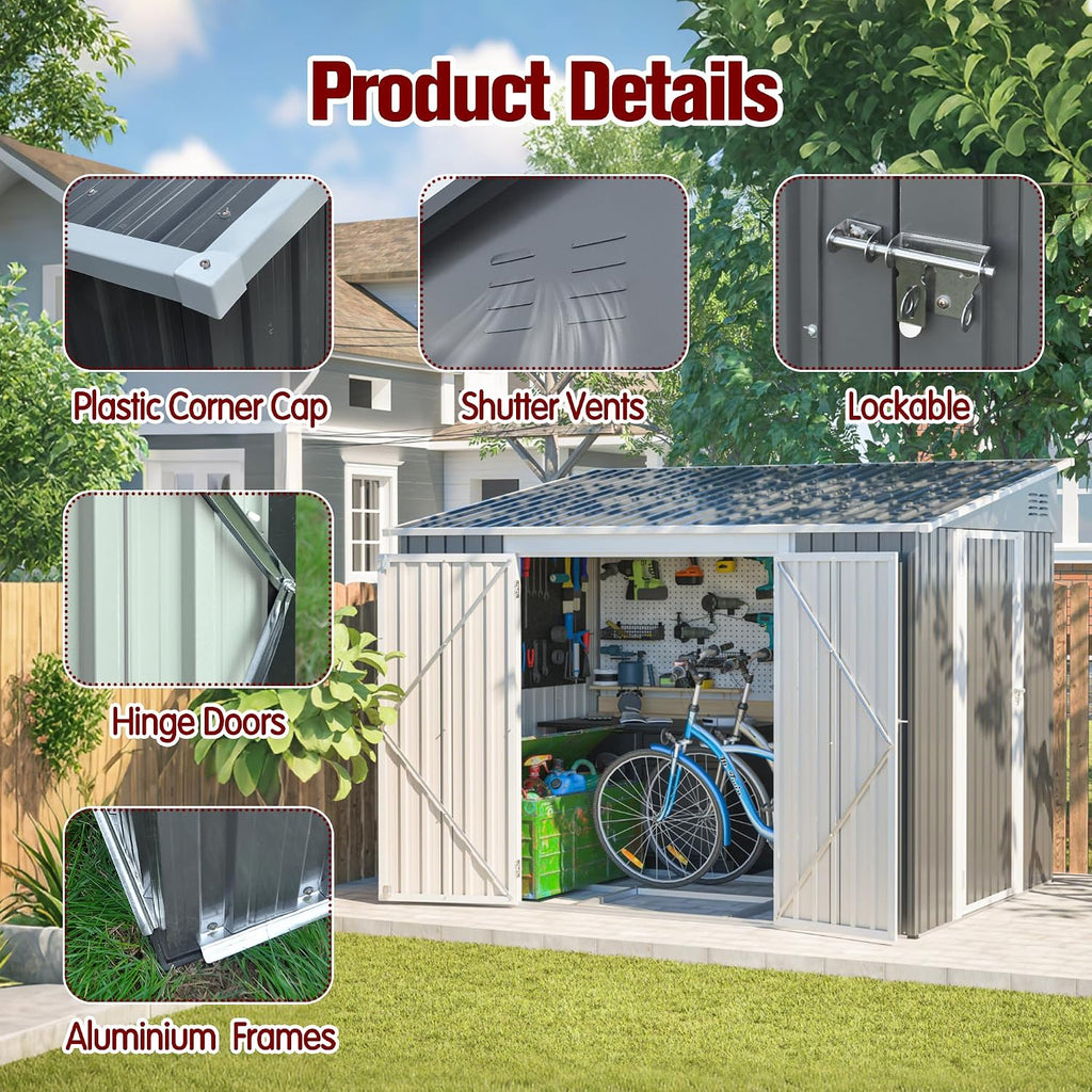 8x6FT Lean to Shed with Floor Frame, Metal Outdoor Storage Shed with Two Separate Doors for Garden Backyard Patio, Large Tool Shed for Bicycle&Lawn Mower Storage