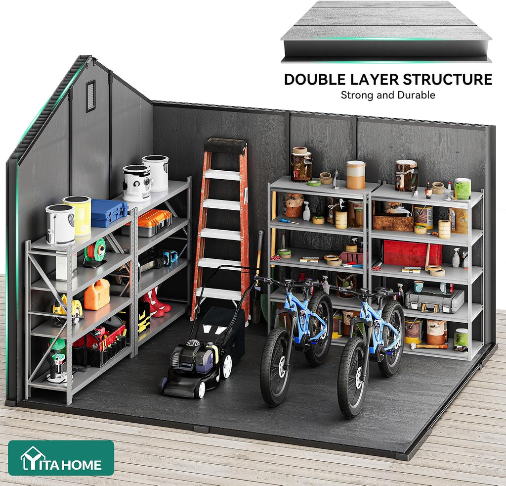 YITAHOME Large Outdoor Storage Shed 8x10 Ft, Extra Thick Plastic Storage Sheds with Floor, Lockable Doors, Vision Grid Windows, Vents, 16mm Heavy Duty Garden Storage for Bikes Mowers and Tools, Black