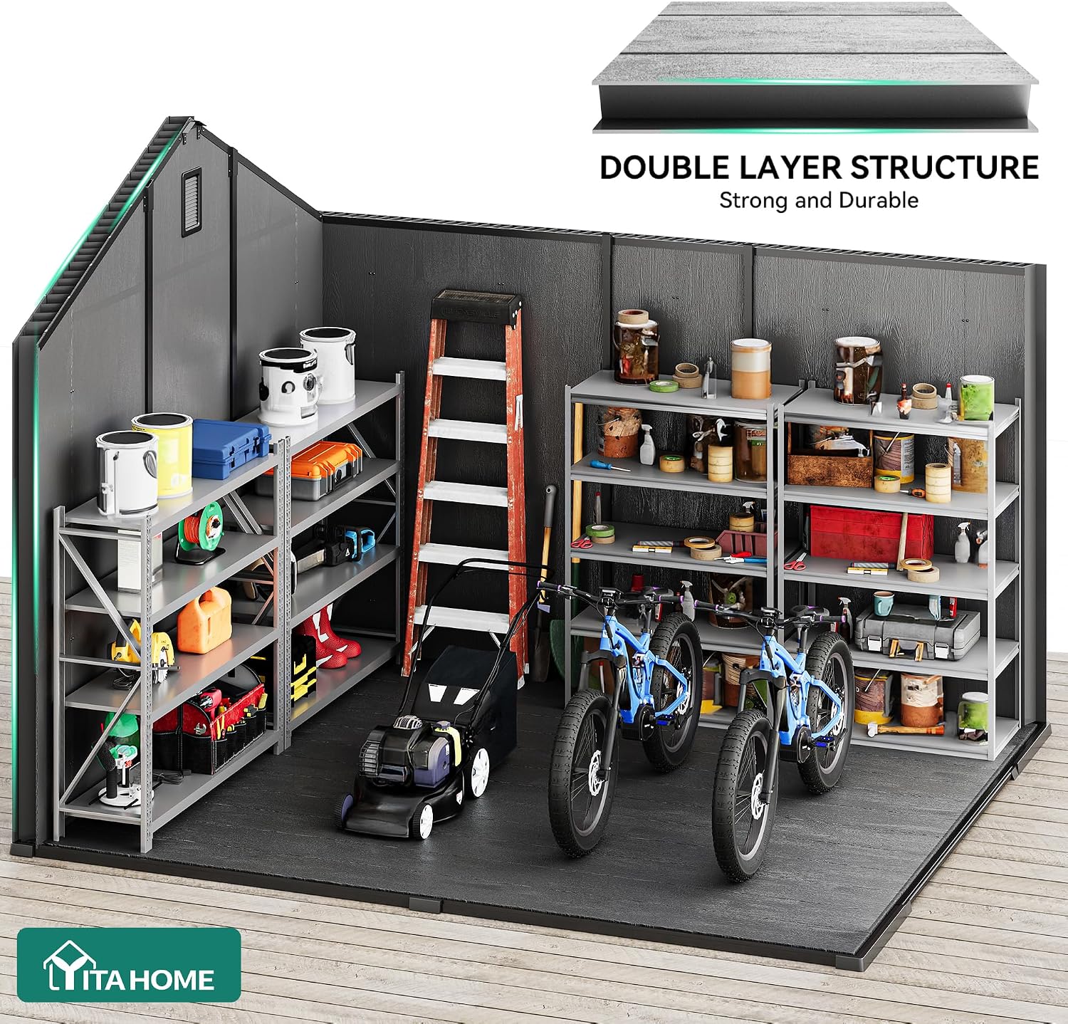 YITAHOME Large Outdoor Storage Shed 8x10 Ft, Extra Thick Plastic Storage Sheds with Floor, Lockable Doors, Vision Grid Windows, Vents, 16mm Heavy Duty Garden Storage for Bikes Mowers and Tools, Black